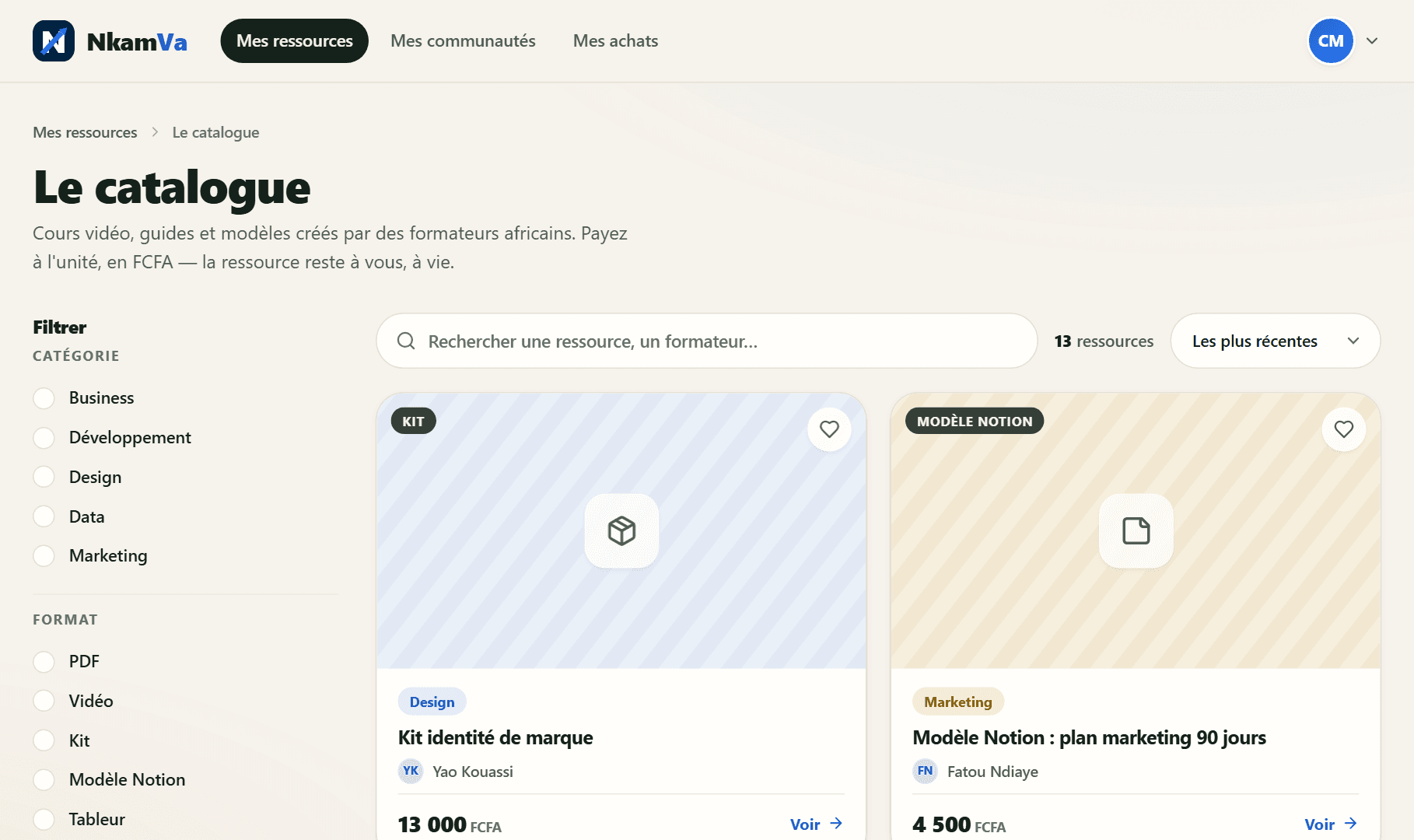 Écran réel du catalogue NKAMVA : recherche, catégories et cartes ressources