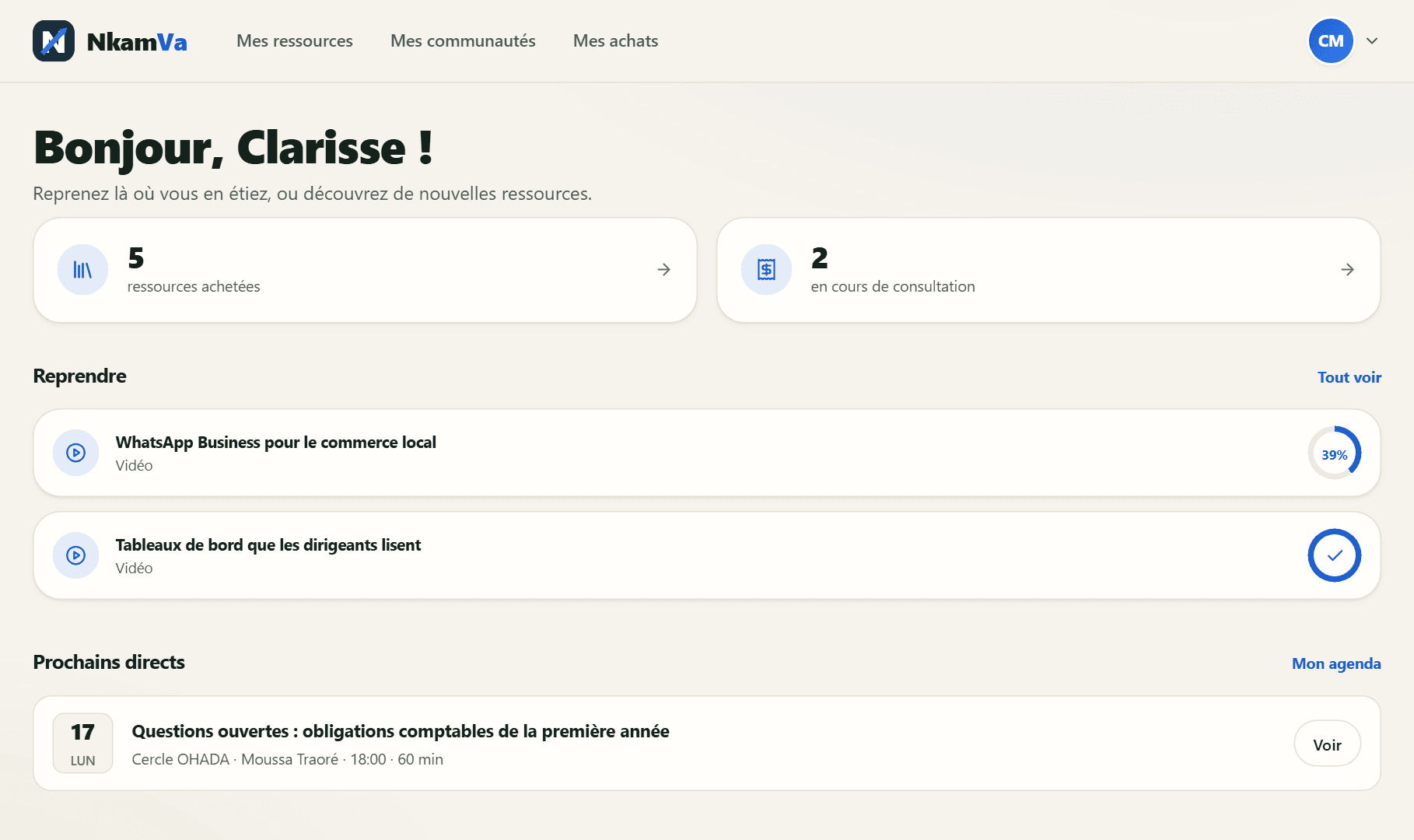 Écran réel du tableau de bord apprenant : reprendre la lecture en cours