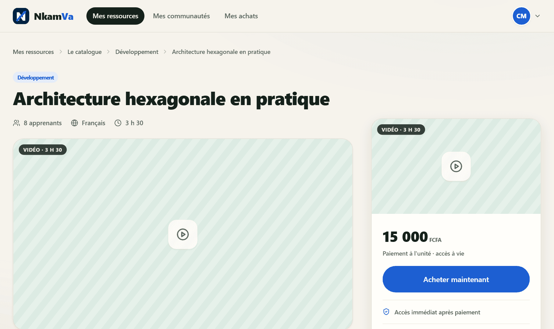 Écran réel d'une fiche ressource : format, durée et prix annoncés avant le paiement